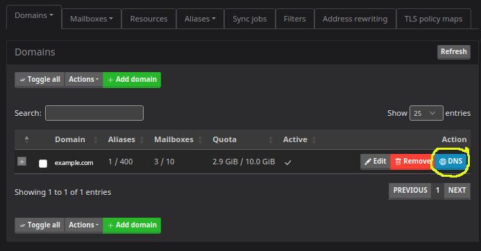 mailcow domain DNS records